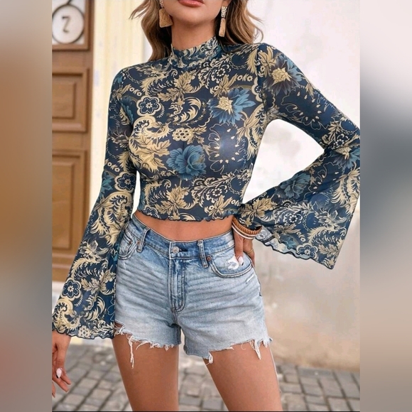 Brillora Floral Print Mock Neck Trumpet Sleeve Sheer Crop Mesh Boho Top - Picture 1 of 6